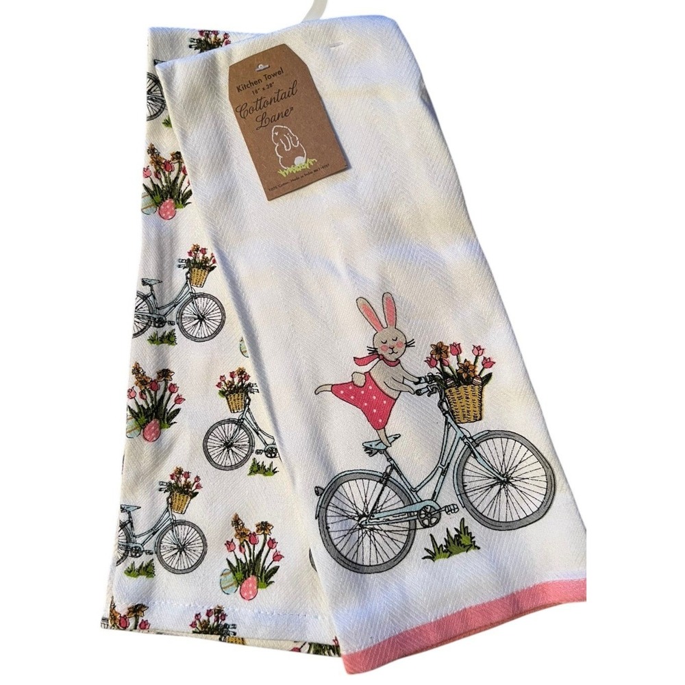 Cottontail Lane‎ Kitchen Towel Set 2pc 18x28 White Pink Bunny Brand New Easter
